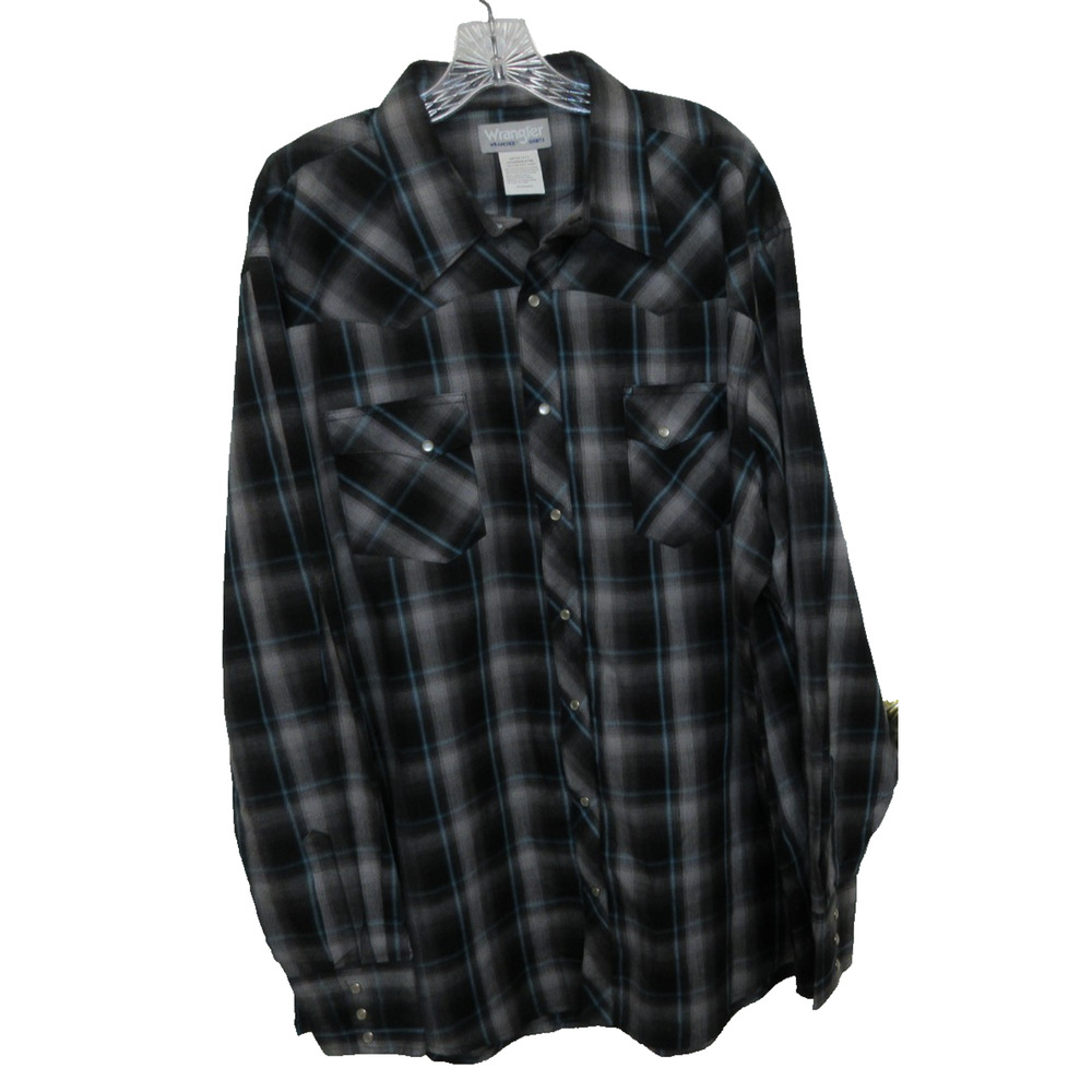 Wrangler Western Shirt Mens 2XT Blue & Gray Plaid Long Sleeve Pearl Snap Up EUC